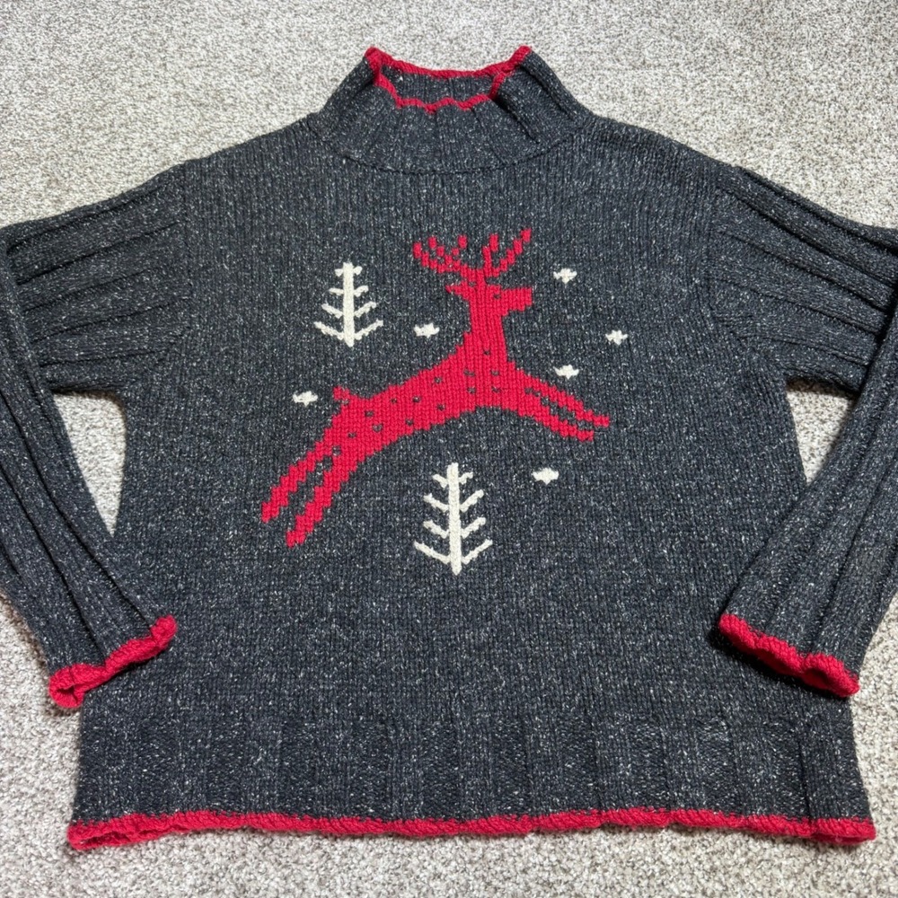 Vintage Nomadic Traders Women L High Neck Sweater Reindeer Rib Sleeve Chunky